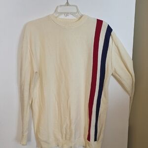 Stylish Cream Crewneck Sweater with Red and Blue Stripes